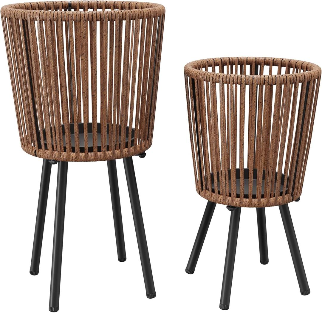 Set of 2 Rattan Plant Stand, Boho Plant Stand Indoor, Handwoven Wicker Plant Stands with Metal Frame, Mid Century Plant Holder for Living Room Bedroom Patio