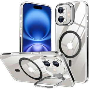 xiwxi for iPhone 16 Case, Compatible with MagSafe, Military-Grade Shockproof Protective Case, Built-in Stash Stand Phone Case, Scratch-Resistant Back Cover, Crystal Clear,6.1inch