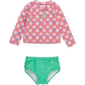 RuffleButts Baby/Toddler Girls Long Sleeve Rash Guard 2 Piece Swimsuit Set w/UPF 50+ Sun Protection with Zipper (3-6 Months, Pink Tee Time) RuffleButts Baby/Toddler Girls Long Sleeve Rash Guard 2 Piece Swimsuit Set w/UPF 50+ Sun Protection with Zipper (3-6 Months, Pink Tee Time)