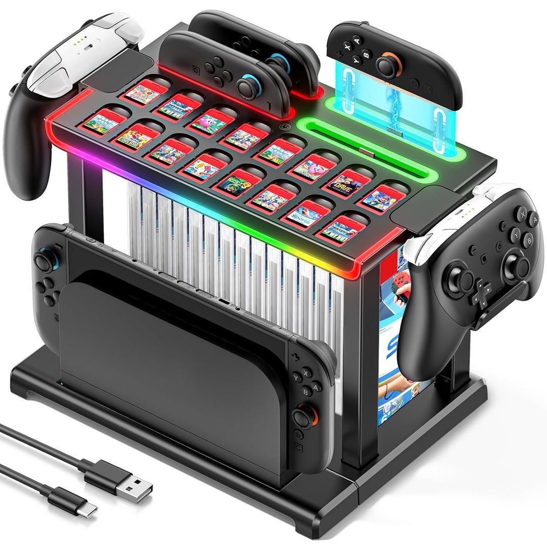 Switch 2 Dock Organizer Station with Joycon2 Charger, 4 Charging Dock for Switch2 Joycons, Storage for 16 Switch2 Games & 16 Game Cases, Pro Controllers & Switch 2 Console Dock Organizer Accessories