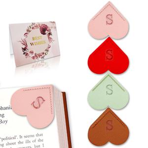 2 x Personalized Leather Heart Bookmark with Initial, Cute Letters Custom Corner Book Mark for Reading Women, Student, Book Lovers, Teacher Appreciation Gifts (Red+Brown+Pink+Honeydew Green, J)