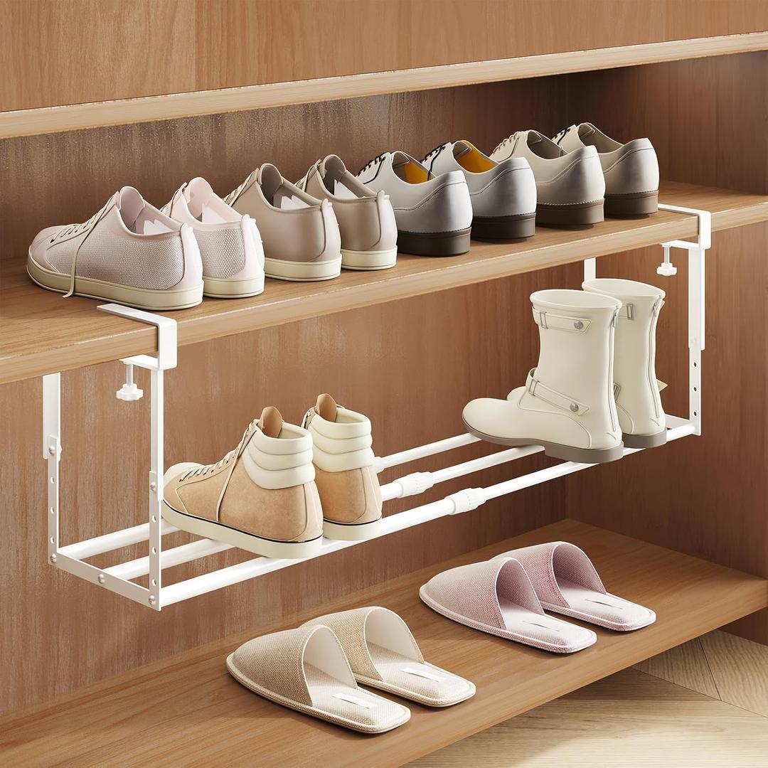 Expandable Shoe Rack Organizer for Cabinet, Adjustable Hanging Under Shelf Storage, Sturdy Round Tube Design, Space Saving Shoe Shelf for Closet, Entryway, Laundry Room, White