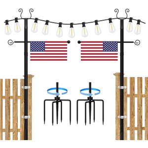 2 Pack String Light Poles - 10 Ft Patio Heavy Metal Lighting Posts, Adjustable Outdoor Stand with Fork for Backyard Deck Garden Wedding