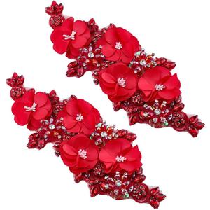 2PCS 3D Flower Embroidery Appliques Red Flower Rhinestone Patch Bling Beaded Embroidery Lace Applique Rhinestone Applique for Clothes DIY Wedding Dress Sewing Craft Clothing Jeans