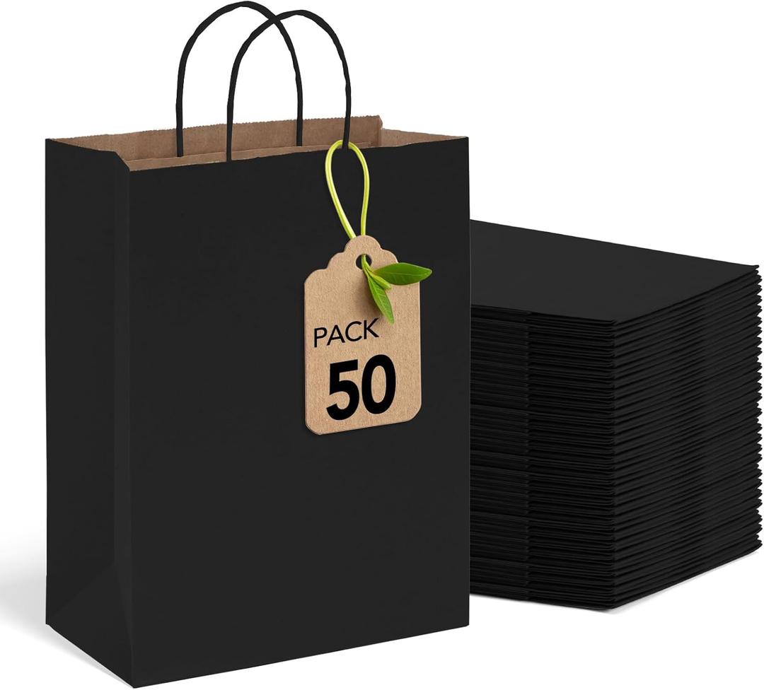 MESHA Gift Paper Bags Black 10x5x13 Inches 50pcs Medium Gift Bag with Handles, Bulk Black Kraft Paper Bag for Small Business Shopping Bags for Grocery,Wedding Party Favor