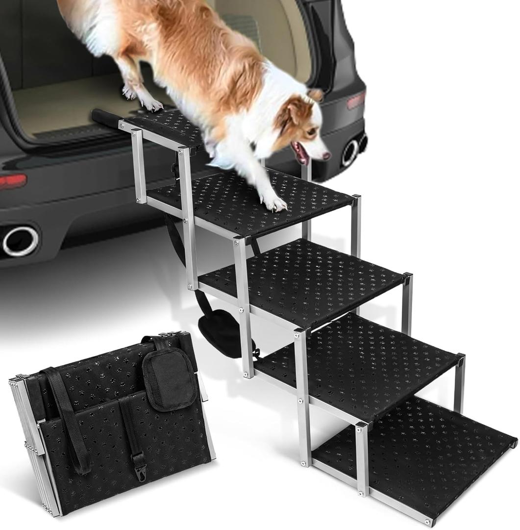 Niubya Portable Folding Dog Stairs for Cars, SUVs, Trucks - Lightweight Pet Ramp for Large Dogs with Non-Slip Surface - Reinforced Steps Support Up to 200 lb, 5 Steps