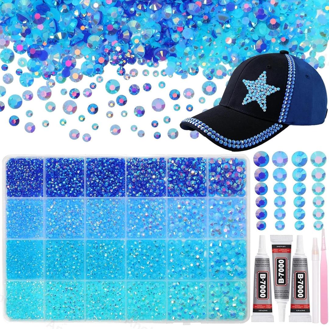 26000PCS Blue Resin Flatback Rhinestones for Crafting, Resin Rhinestones for Bedazzling Kit, 2/3/4/5/6mm Flatback Gems Jewels for DIY Mugs Tumblers Clothing Shoes Nail Art (SS6)