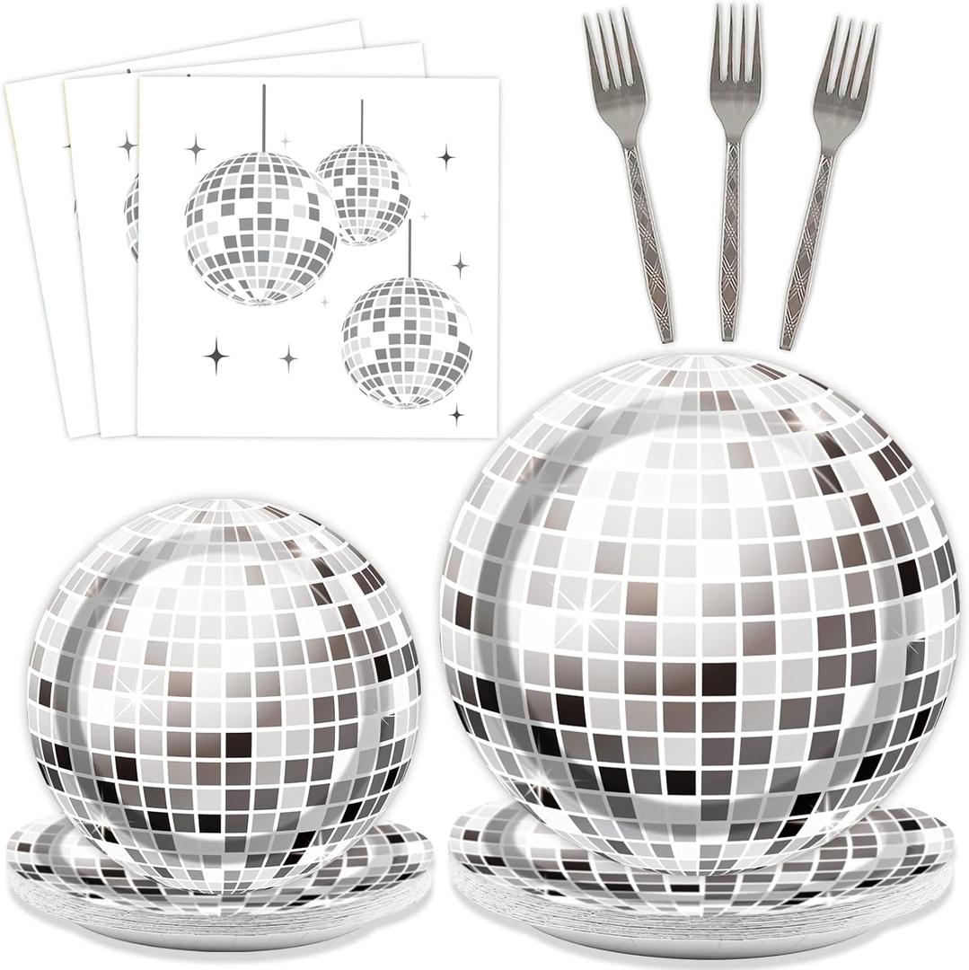 96 Pieces Disco Party Plates Disco Ball Theme Party Decorations Silver Cake Paper Plates and Napkins Hip Hop Disposable Dessert Tableware Set Baby Shower Birthday Supplies 24 Guests