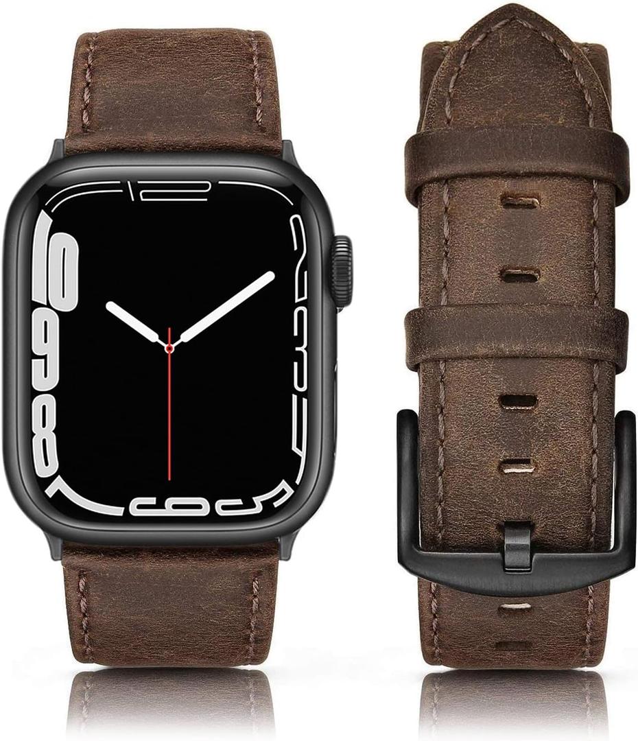 Leather Band Compatible with Apple Watch Bands 46mm 45mm 44mm 42mm (Series 1/2/3) Men Women, Vintage Genuine Leather Replacement Wristband for iWatch Series 10 9 8 7 6 5 4 3 2 1 SE Retro Walnut