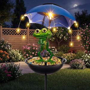 Solar Bird Feeder Frog Garden Decor, Outdoor Solar Lights with Umbrella, Hummingbird Feeder Decorative Path Lights Yard Art Ornament Bird Feeder (Frog)