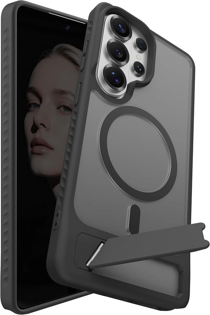 Magnetic for Samsung Galaxy S26 Ultra Case with Kickstand, Compatible with Mag-Safe, Slim Shockproof Grippy Translucent Matte Phone Cover, Built in Invisible Stand, Black