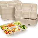 50 Pack 6 Compartment Disposable Paper Plates, Compostable Bagasse School Lunch Tray, Biodegradable Sugarcane Food Sectional Plates, Heavy-Duty Divided Platter Tray for Buffet Party, Microwave Safe