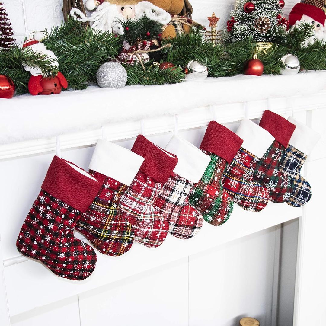 JEKOSEN 9'' Set of 8 Mini Christmas Stocking Ornament Glitter Plaid Snowflake Print Candy Gift Bag Holders for Kids, Xmas Tree, Home, Garden, Family Fireplace Decorations