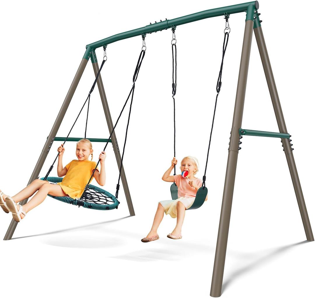 Hapfan 7.5ft Tall Swing Sets for Backyard, 500lbs Heavy Duty Swing Set for Kids and Adults with Spider Swing and Belt Swing, Outdoor Playground Sets for Backyards(Green and Brown)