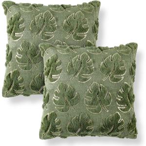 Moukeren 2 Pcs Embroidery Throw Pillow Covers 18x18 Home Decor Loop Tropical Green Leave Floor Pillow Cover for Couch Canvas Cushion Cover Pillows Case Plant Monstera Leaf for Bedroom Sofa