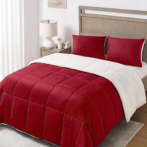 Basic Beyond Queen Comforter Set - Luxury Fleece Sherpa Comforter Sets for Queen Bed, Soft and Warm Queen Size Bedding Comforter Set for Winter, Red, 88"x88"
