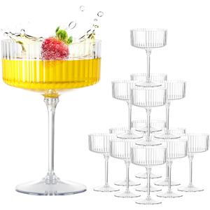 LIYH 20pcs Champagne Glasses 10 Oz Cocktail Coupe Glasses Champagne Flutes Plastic Coupe Cups Disposable Martini Cups Perfect for Bar Cocktails Martinis Parties (Clear Vertical Stripe Pattern)