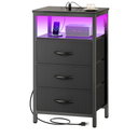 Huuger Night Stand with Charger Station and LED Lights, 3 Drawer Nightstand, Bed Side Table with Open Shelf, End Table, Tall Fabric Dresser for Bedroom, Black