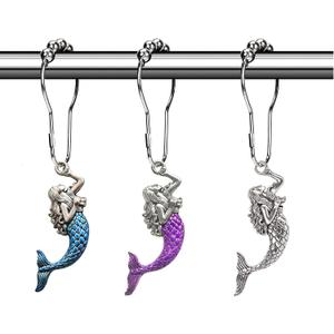 Cute Mermaid Shower Curtain Hooks - Sea Shower Hooks for Shower Curtain Liner, Silver Shower Curtain Rings Decorative Shower Curtain Set Accessory, Tropical Jungle Beach Theme Bathroom Decor