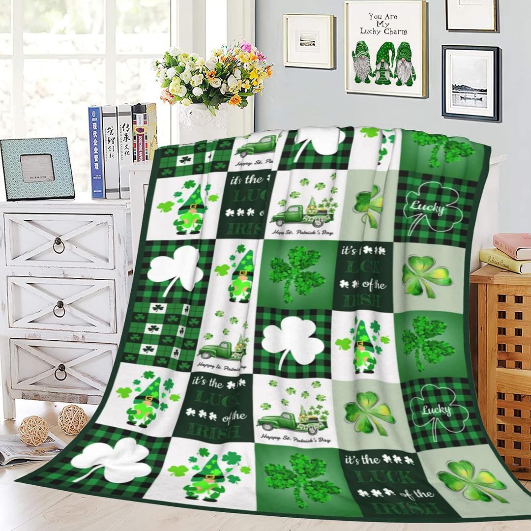 St. Patrick's Day Throw Blanket Lucky Clover Shamrock Gnome Truck Green Buffalo Check Plaid Throw Blankets Lightweight Cozy Flannel Blanket for Bedroom Living Rooms Couch Sofa Home Decor 40x50 Inch