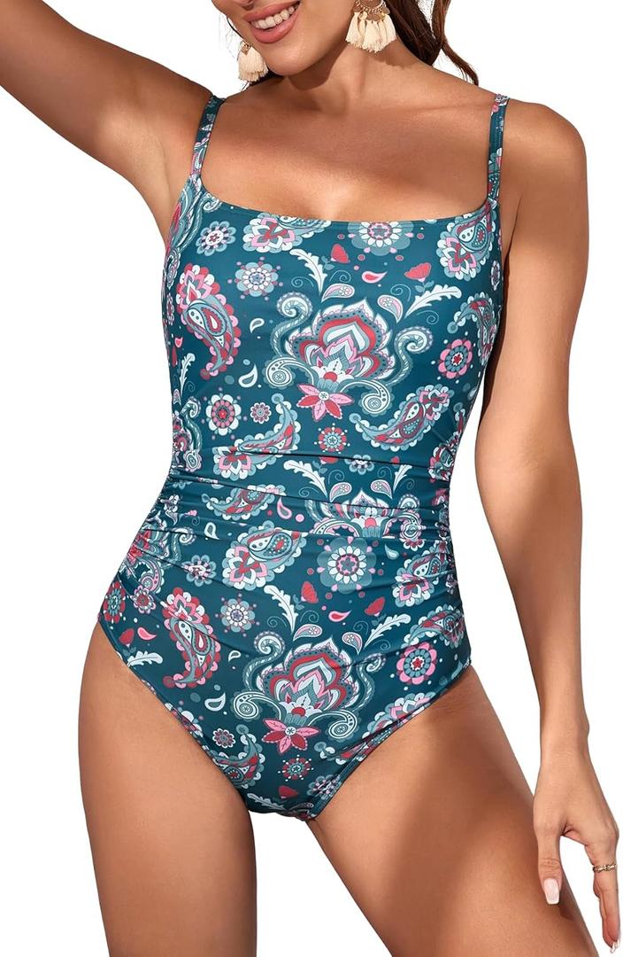 Eomenie Women's One Piece Swimsuits Tummy Control Ruched Bathing Suit 1 Piece Swimwear (Deep Green Floral Printed), Small