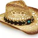 YOUBADU Western Straw Cowboy and Cowgirl Hats with Decorative Bands - Unisex Wide Brim Raffia Style Sun Hat