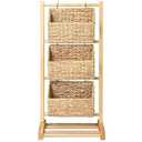 HOMESTEAD 3-Tier Wooden Shelf with Water Hyacinth Woven Baskets – Rattan Shelf Basket, Boho Room Decor, Wooden Book Shelf, Bathroom Storage Shelves, Kitchen, Laundry, Living Room (Natural)