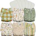 Mama Koala 3.0 Pocket Cloth Diapers for Babies with AWJ Lining, 6 Pack with 6 5-Layer Natural Cloth Diaper Inserts - Reusable and Washable Pocket Diapers(A-Mushrooms), One Size