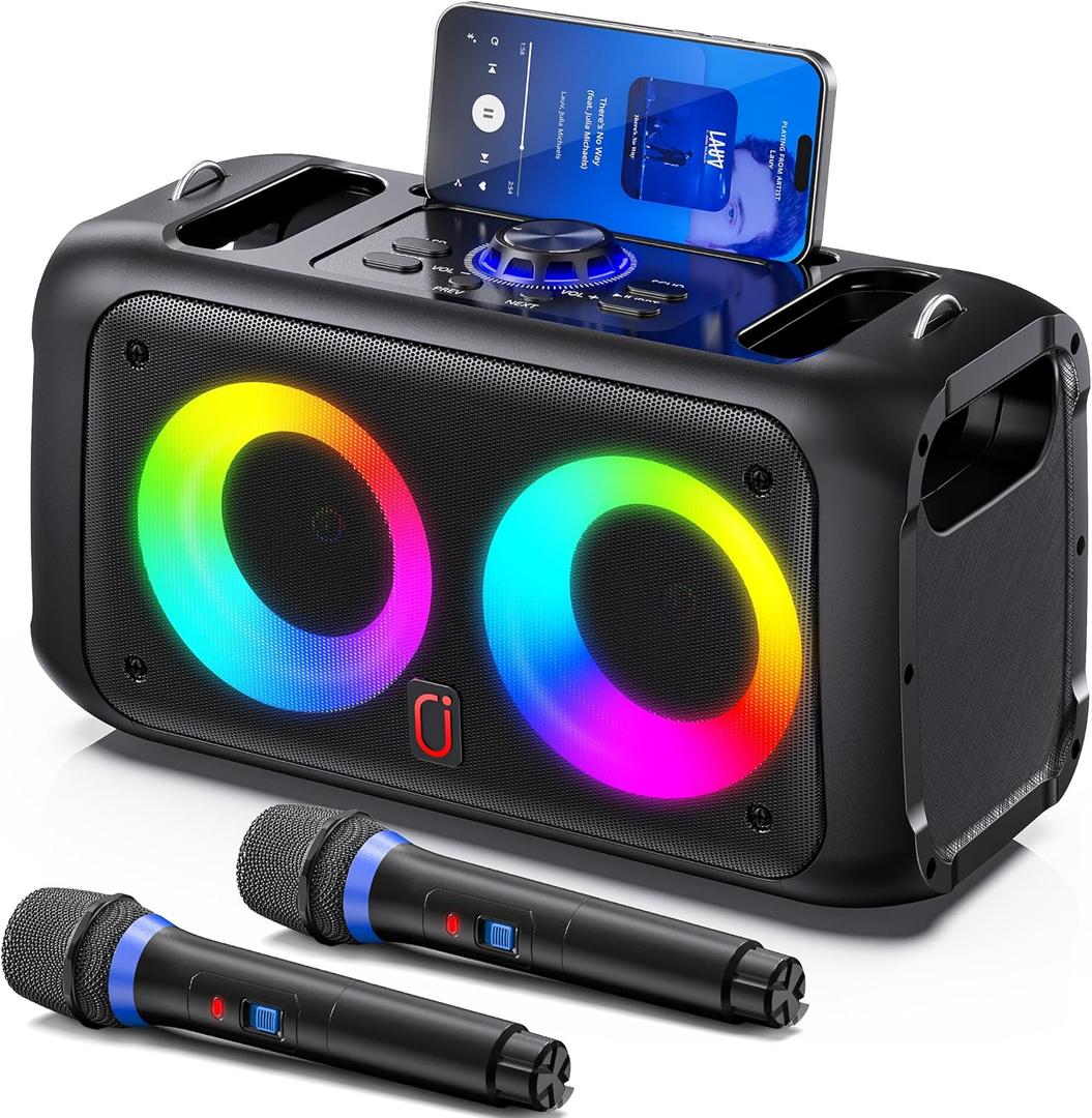 Karaoke Machine for Adults Kids, Bluetooth Party Karaoke Speaker with 2 Wireless Microphones for Singing, PA System with HiFi Sound/Dual 3" Subwoofers/Echo Adjustment/Disco Lights for Home Party