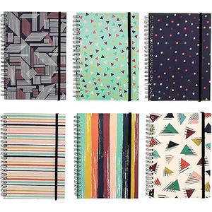 Paper Junkie 6 Pack 5x7 Spiral Notebooks with Pocket - Small Lined Journals with Elastic Closure for School, Work (6 Designs)