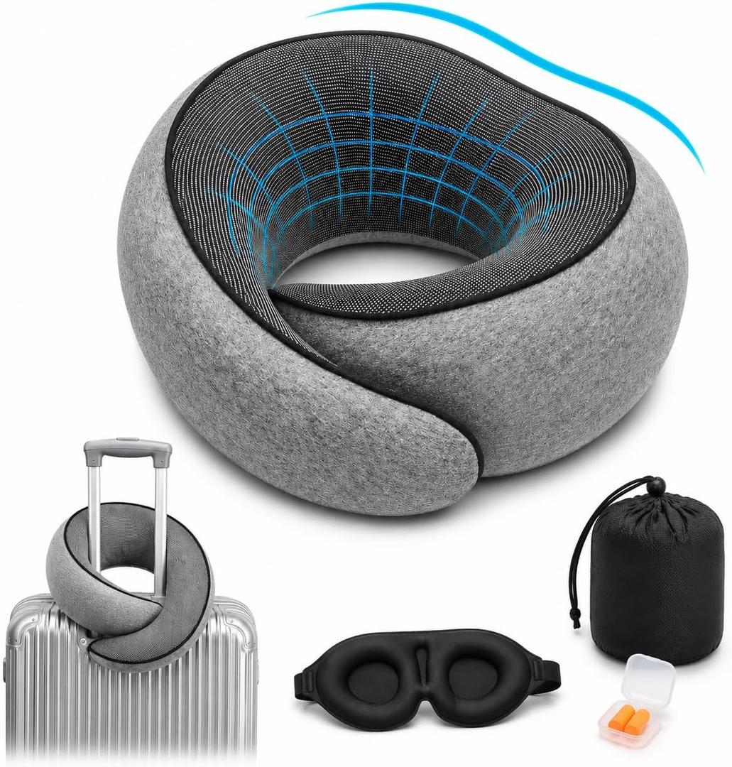 Travel Neck Pillow, Neck Support Pillow with Memory Foam, Breathable Skin Friendly Cover, Removable Washable Case, with Eye Mask Earplugs & Portable Storage Bag for Travel,Grey
