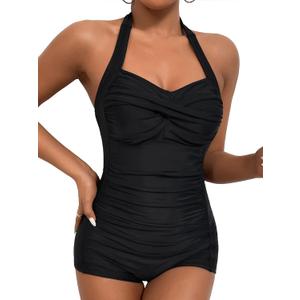 Women's Retro Tummy Control Swimsuits Halter One Piece Slimming Swimwear,Vintage Boyshorts Ruched Push Up Bathing Suit (Large, Black)