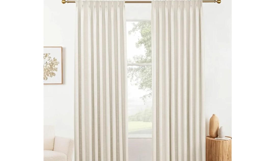 88 inch Pinch Pleated Curtains Blackout Linen Textured Full Blackout Back Tab Pinch Pleat Drapes with Hooks for Bedroom, 52W x 88L, Ivory White, 1 Panel