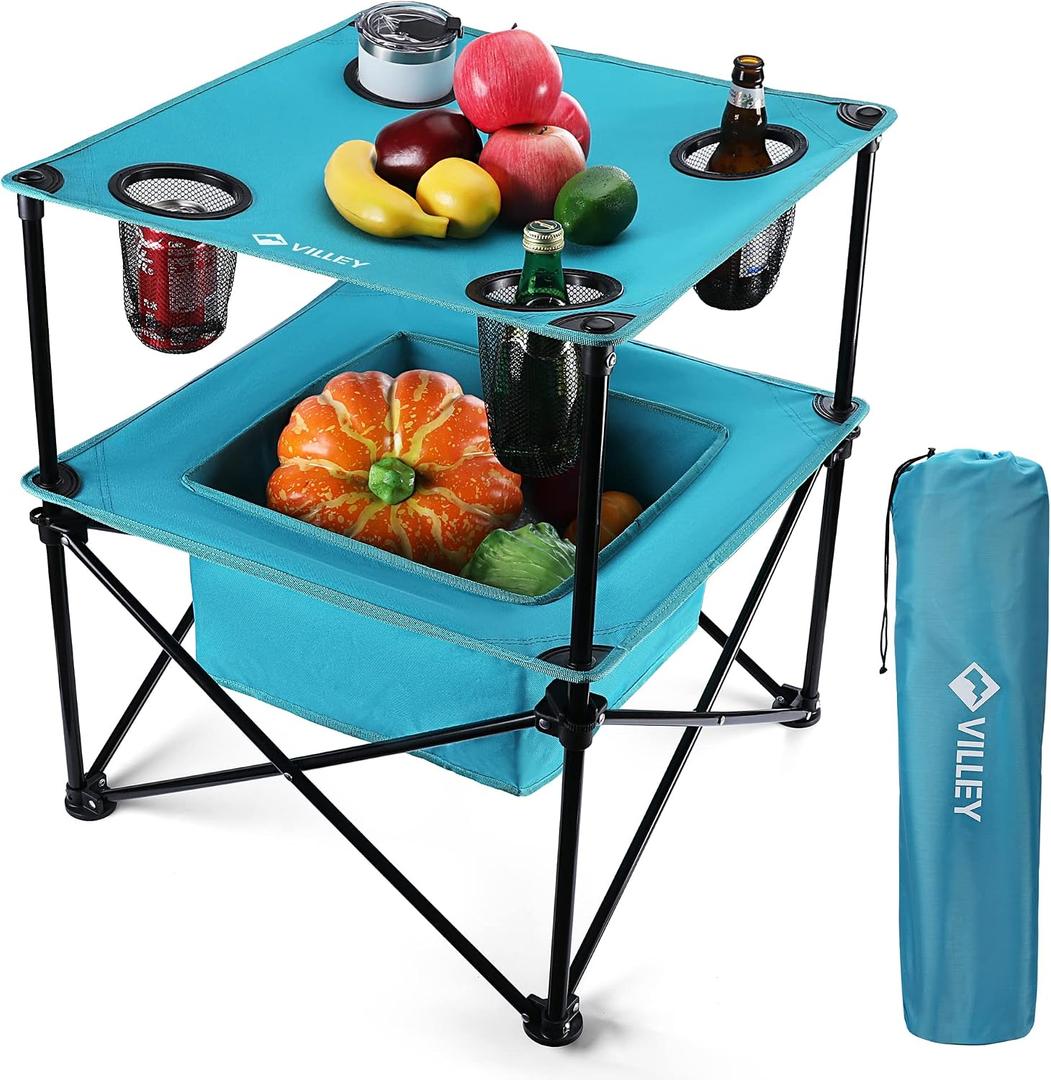 VILLEY Portable Camping Picnic Table, Lightweight Folding Beach Table with 4 Cup Holders and Carry Bag for Camp, Travel, Fishing, and Outdoor Activities, 22 Inches X 22 Inches X 25 Inches