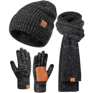 Winter Hat Gloves Scarf Set for Men Women, Mens Beanie Long Scarf Touchscreen Gloves for Cold Weather, 3 in 1 Warm Gift Set (Mix-black)