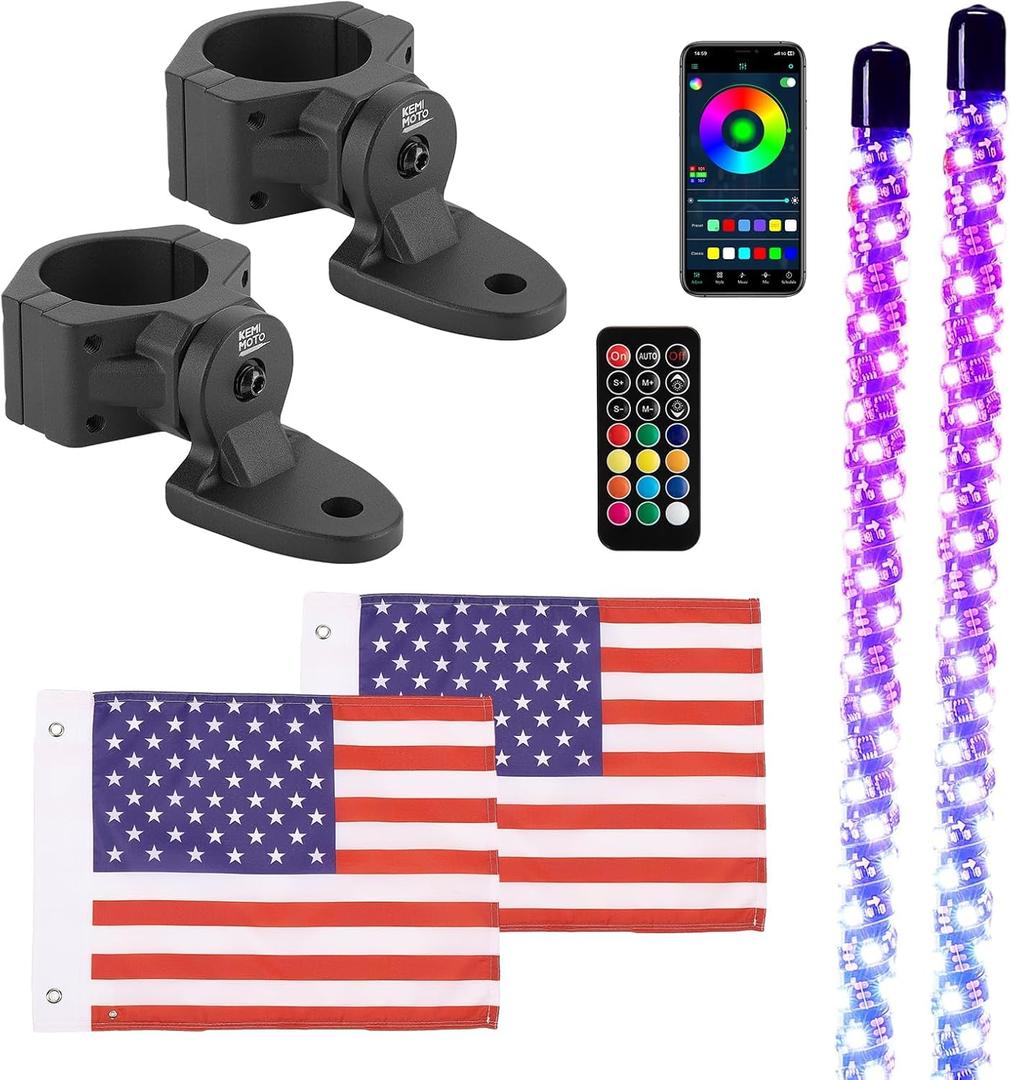 KEMIMOTO 2pc 3ft Whip Lights with Mounting Brackets for Side by Side, APP Control LED Whip Lights for UTV Offroad, Compatible with Polaris RZR Can-Am Maverick X3 for 1.75-2 inch Roll Bar Cage