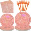 96Pcs Rose Gold Party Plates Iridescent Rose Gold Birthday Decorations Disposable Sprinkle Pink Paper Plates for Girls Women Easter Wedding Birthday Bridal Shower Party Decorations Serves 24