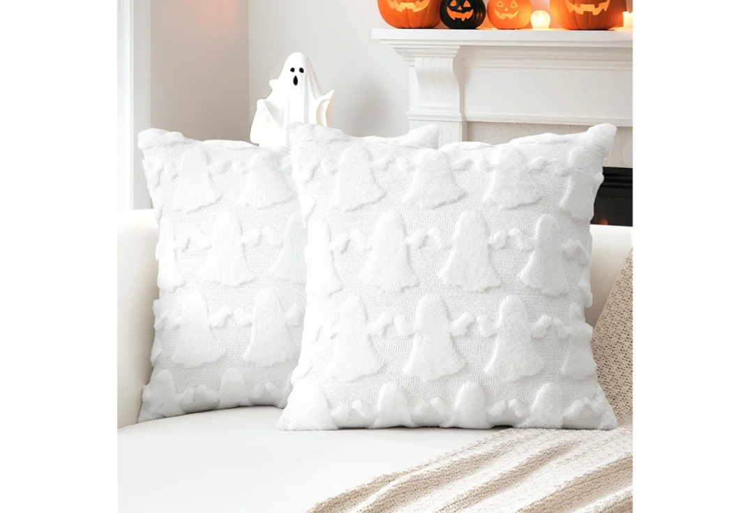 OTOSTAR Set of 1 Ghost Pillow Cover Halloween Throw Pillow Covers for Sofa Couch Bed Living Room Soft Plush Short Wool Velvet Farmhouse Pillowcase for Thanksgiving Pure White 22x22 Inch