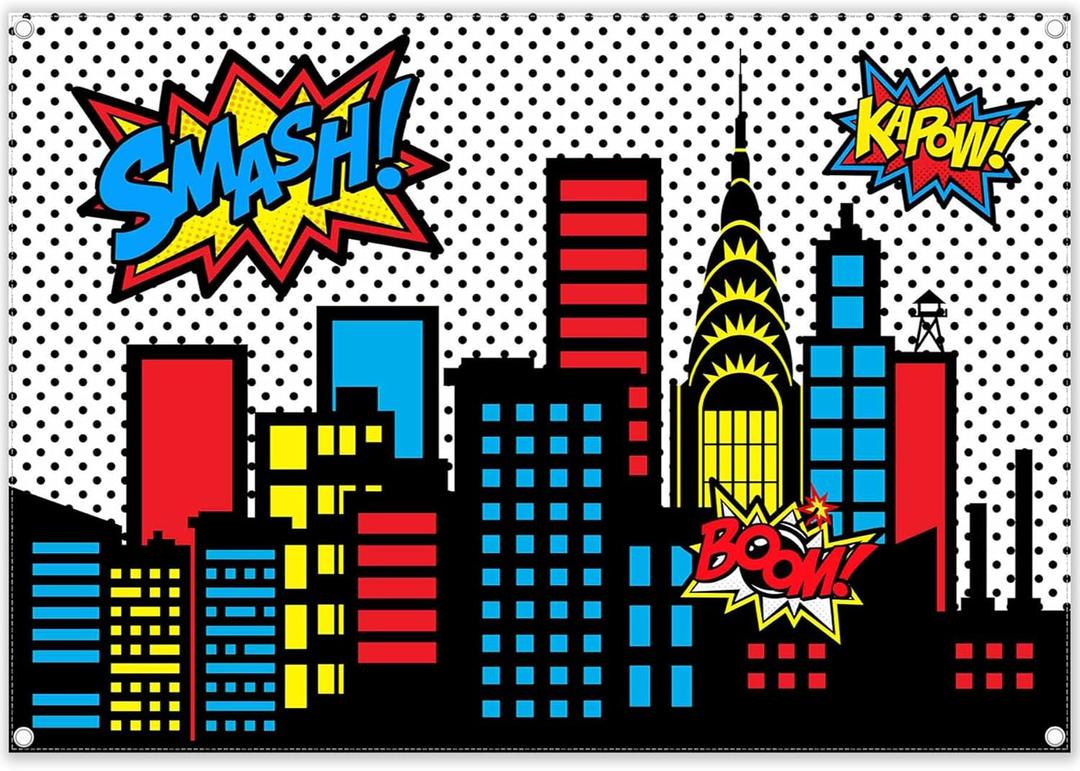 7x5ft Superhero Cityscape Photography Backdrop Skyline Buildings City Boom Background Kids Birthday Banner Party Baby Shower Decorations Photo Props