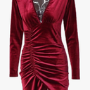 Women's Sexy Long Sleeve Velvet Ruched Dress V Neck Cocktail Party Evening Club Maxi Dress Fall Wedding Guest Dresses,2XL