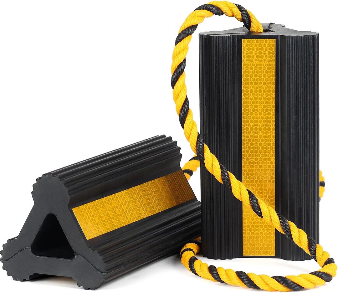 OULEME Heavy Duty Rubber Wheel Chocks, 1 Pair, Non-Slip Tire Stopper Blocks with Rope, for RV Camper Travel Trailers Motorhome Aircraft Car Truck