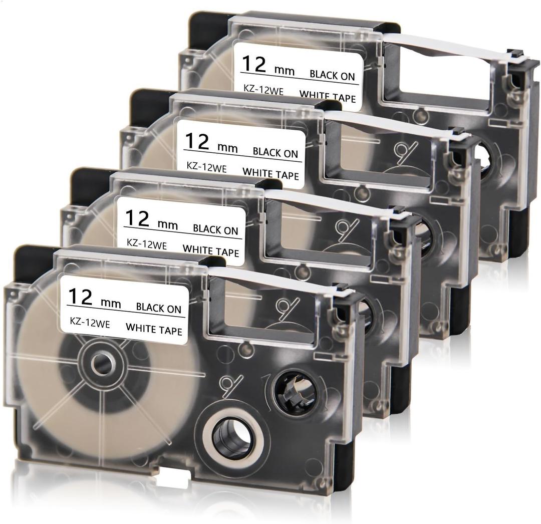 Absonic 4-Pack Compatible for Casio XR-12WE XR-12WE2S Label It Tape Cartridge 12mm Black on White for KL-100 KL-120 KL-60 KL-7000 KL-7200 KL-750B KL-780 EZ Label Printer