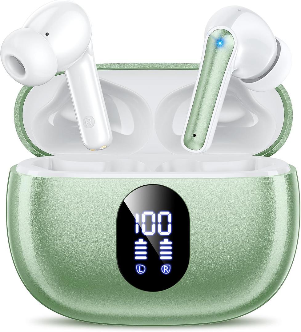 Wireless Earbuds, 2025 Ear Buds with Big Bass Stereo Sound, Lightweight Bluetooth Earbuds with 48 Hours Playtime, in-Ear Fit Earphones, IPX7, Hands-Free Calls with AI for iPhone, Android, Pad (Green)