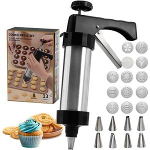Stainless Steel Cookies Press, Cookies Press for Baking,Cookie Press Gun Kit with 13 Cookie Discs and 8 Piping Tips for DIY cake Maker Decorating Baking Supplies