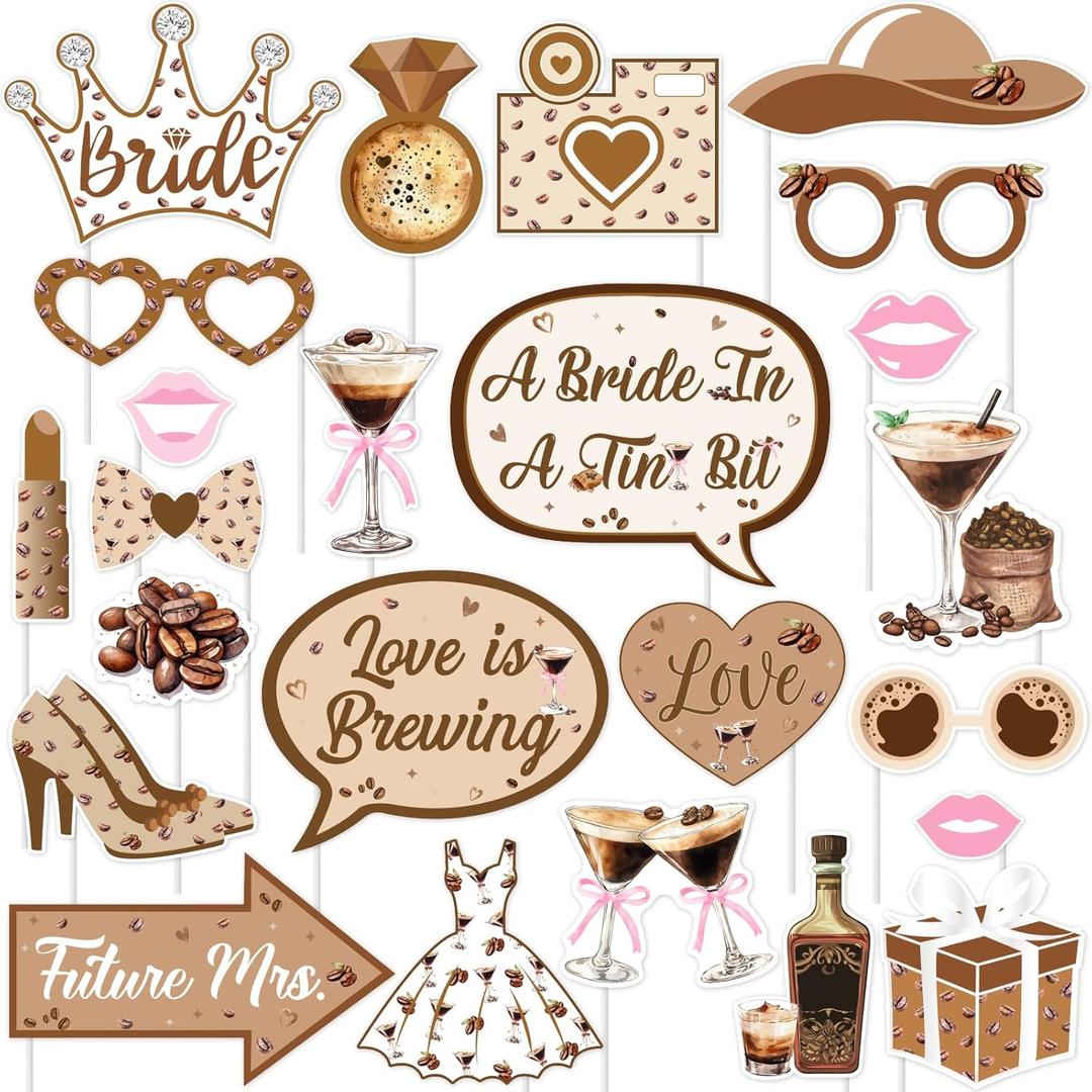 Kreatwow Martini Bachelorette Party Decorations 24Pcs Espresso Martini Party Photo Props Espresso Martini Bow Love is Brewing Bridal Shower A Bride in A Tini Bit Decor for Bachelorette Birthday (Brown)