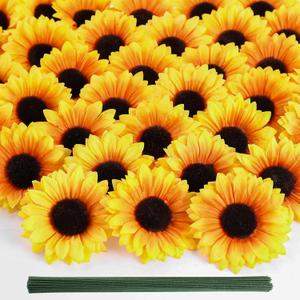 40pcs Fake Sunflower Heads with Stems, 4" Sunflower Artificial Silk Flower Heads for Party Baby Shower Wedding Making Handicrafts Home Decor(Fall Yellow)