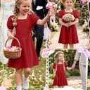 Toddler Girl's Summer Dress Baby Puff Sleeves Square Neck Knit Sundress A-Line Flowy Twirly Casual Midi Dress