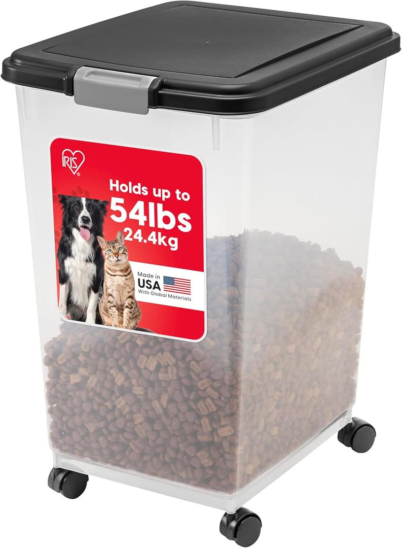 IRIS USA Dog Food Storage Container, Up to 50 Pounds, Attachable Wheels, For Dog Cat Bird and Other Pet Food Storage Bin, Keep Fresh, Easy Mobility - Made in USA, Black (50 lbs)