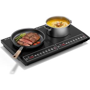 Double Induction Cooktop 1800W, Portable 2 Burner Electric Cooktop with Button Control, 10 Power Levels, 4-Hour Timer, Safety Lock, 110-120V