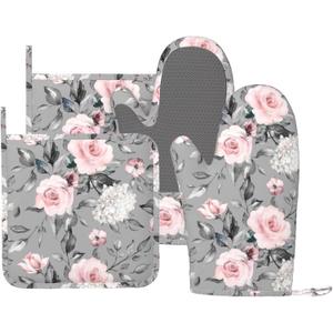 Roses Oven Mitts Pot Holders Set Silicone Heat Resistant Gray Flower Pink Rose Oven Mitts and Hot Pads Rose Potholders Non-Slip Oven Gloves for Cooking Baking Grilling BBQ